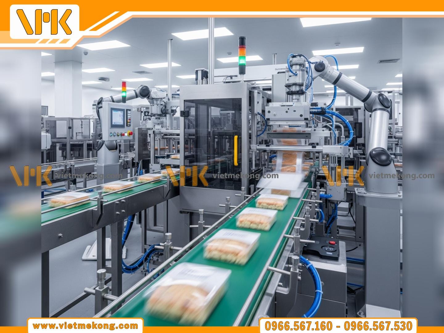 Hình ảnh một dây chuyền sản xuất thực phẩm tự động hiện đại trong nhà máy. Các sản phẩm đang được đóng gói nhanh chóng và chính xác trên băng chuyền. Môi trường sản xuất sạch sẽ, chuyên nghiệp, thể hiện hiệu quả và năng suất cao.